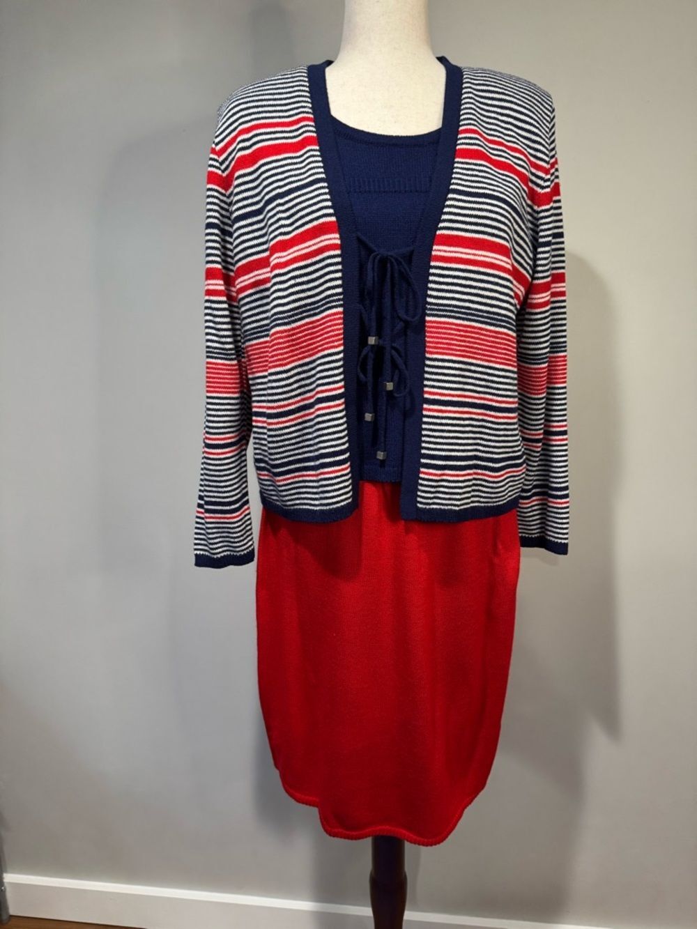 San Remo PS Vintage Knit Skirt Set Red Navy Striped Cardigan & Shell Preppy